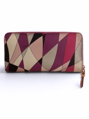 Emilio Pucci Leather Continental Long Zip Wallet Pink Purple Abstract